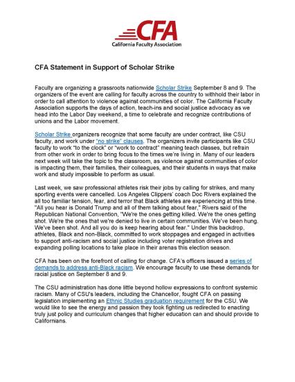 CFA Announcement about the Scholar Strike
